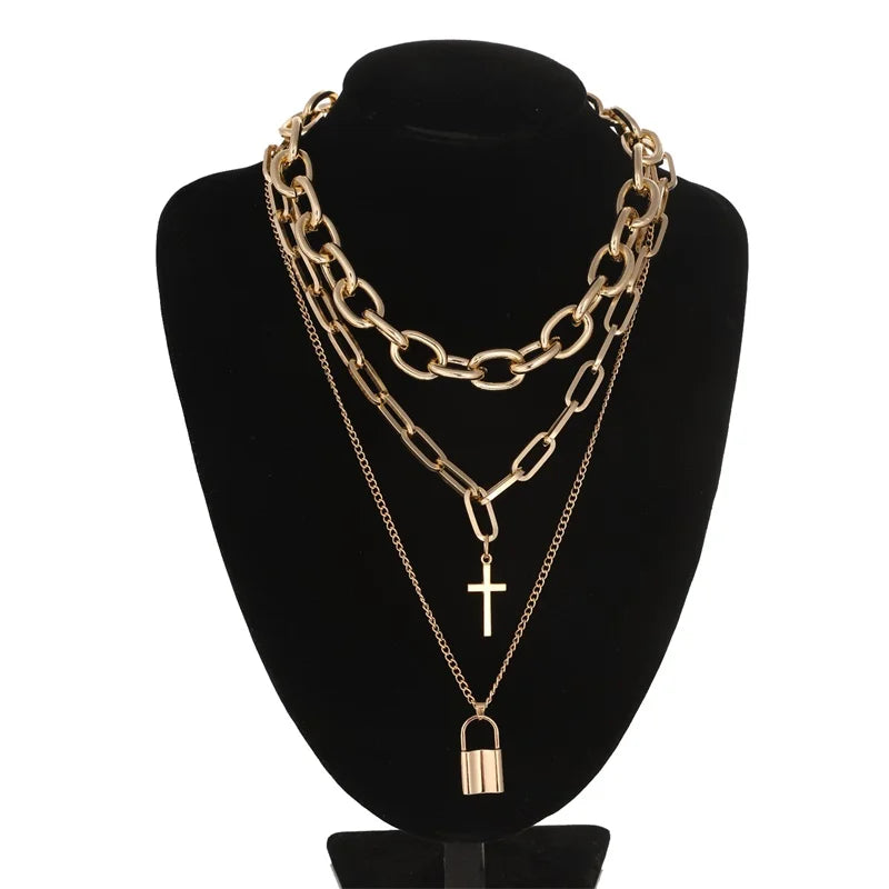 Layered Grunge Aesthetic Jewelry Punk Chain Necklace for Women Men Lock Cross Pendant Choker Chains Goth Accessory