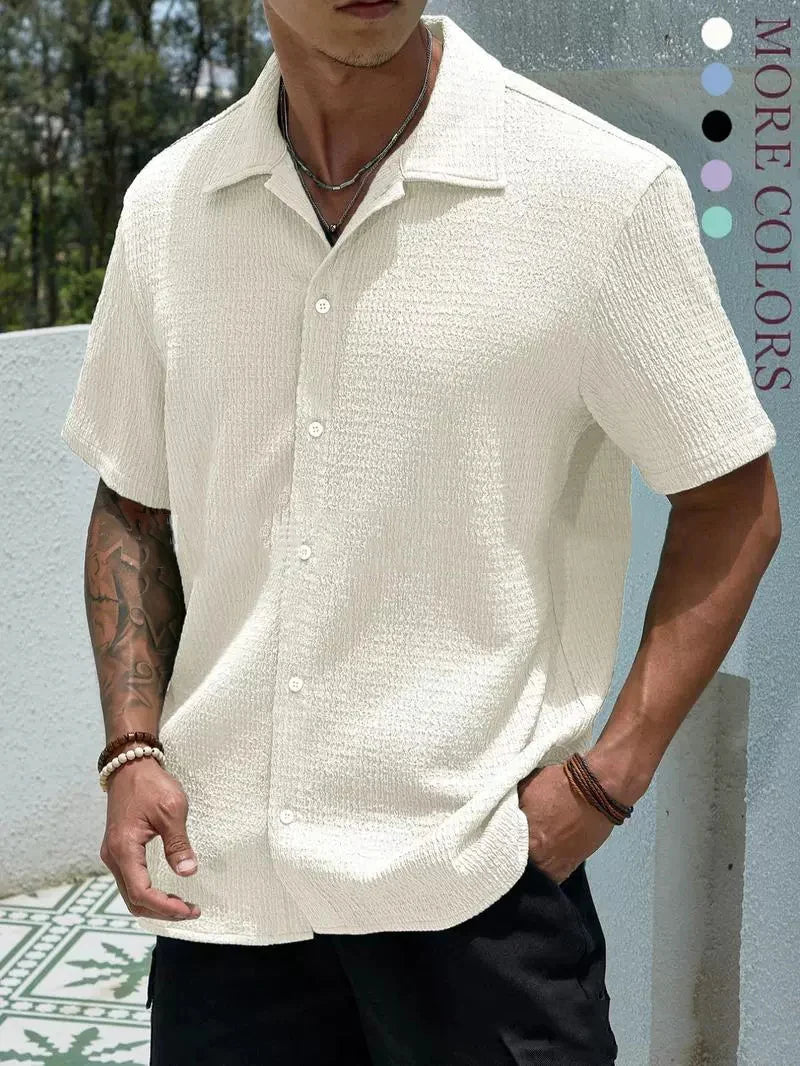 New Summer Men'S Shirt - Short Sleeve Solid Color Relaxed Fit Casual Wear