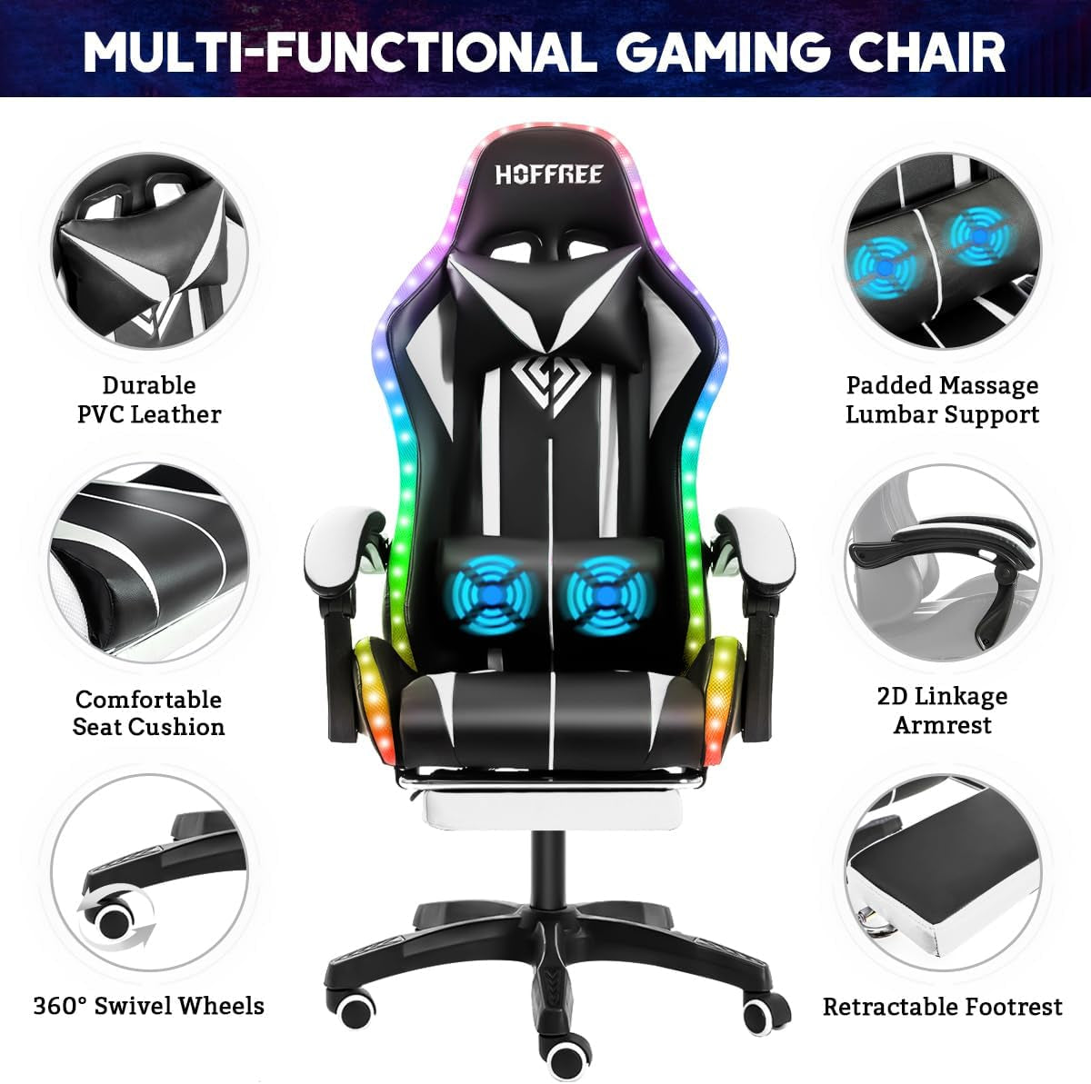 Gaming Chair Massage with LED RGB Lights and Footrest Ergonomic Computer Chair High Back Video Game Chair with Adjustable Lumbar Support Linkage Armrest White and Black