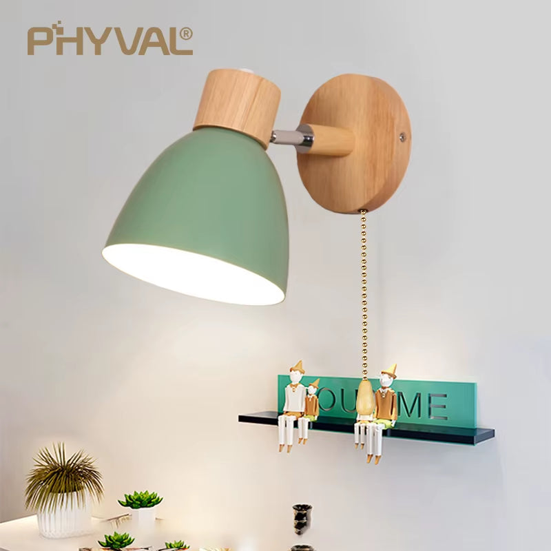 Wooden Nordic Wall Lamp with Switch Modern Wall Sconce for Bedroom Living Room Home Lighting Macaroon 6 Color Steering Head E27