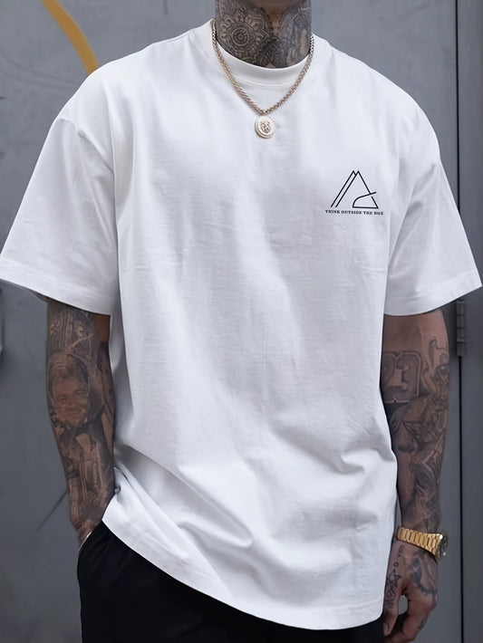 Creative Geometric Graphic Print Short Sleeve T-Shirt for Men, Summer Outdoor Casual Crew Neck Top Shirt