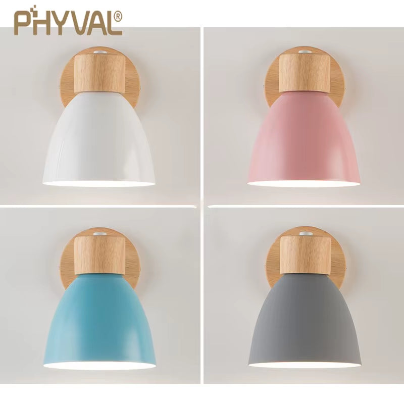Wooden Nordic Wall Lamp with Switch Modern Wall Sconce for Bedroom Living Room Home Lighting Macaroon 6 Color Steering Head E27