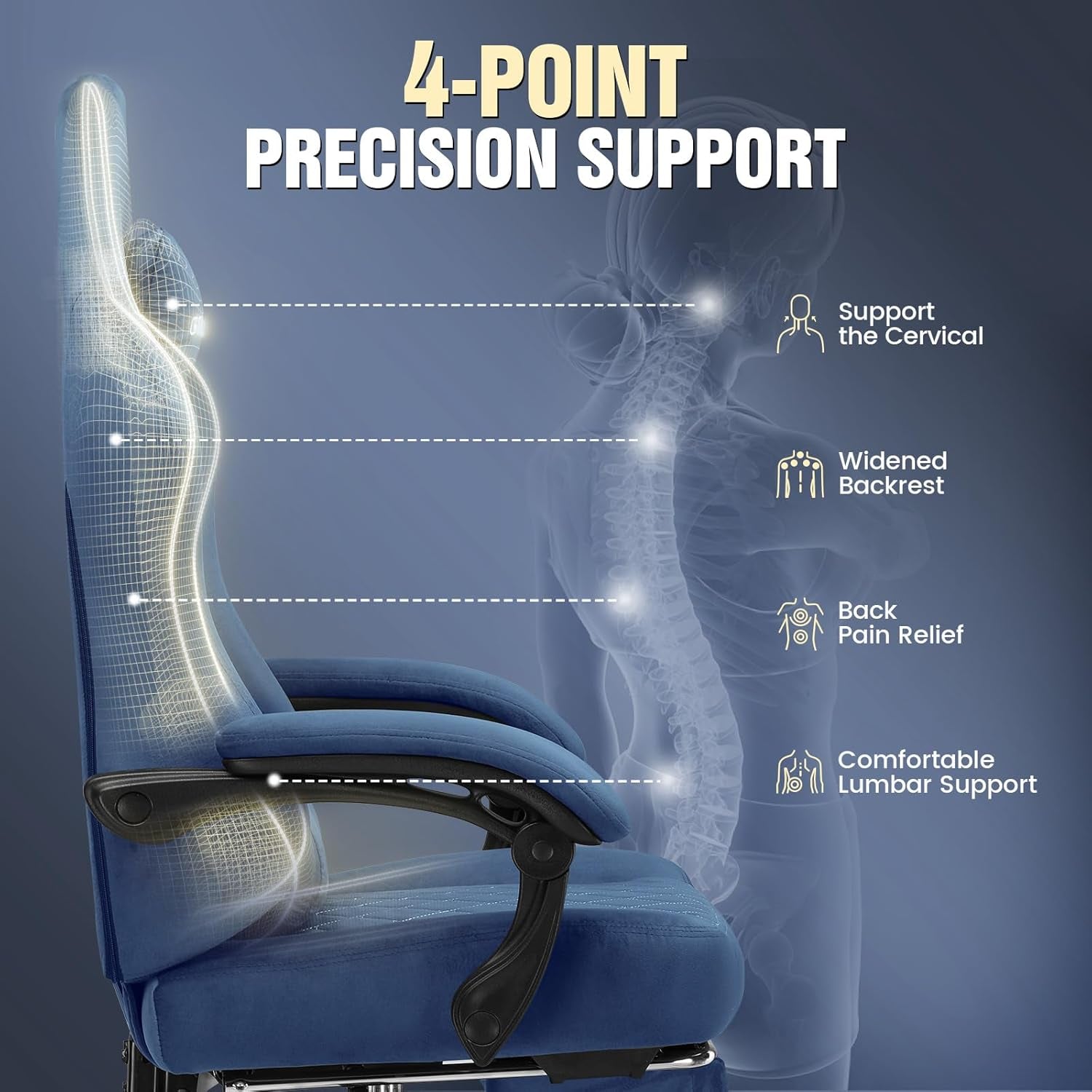 Gaming Chair Fabric with Pocket Spring Cushion, High Back Computer Office Chair with Headrest & Lumbar Support, Ergonomic Video Swivel Game Chair with Footrest for Adults Blue