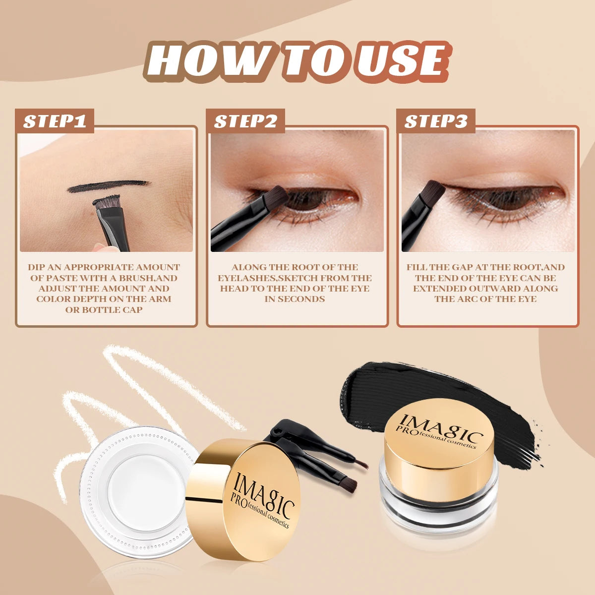 3-Color Professional Black Eyeliner Cream with Brush Not Blooming Waterproof Quick Drying Long Lasting Black/White/Blue