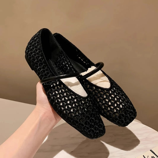 Square Toe Mesh Women Ballet Shoes Flats Sandals Summer 2025 New Designer Casual Loafers Mary Janes Shoes Zapatillas Sandalias