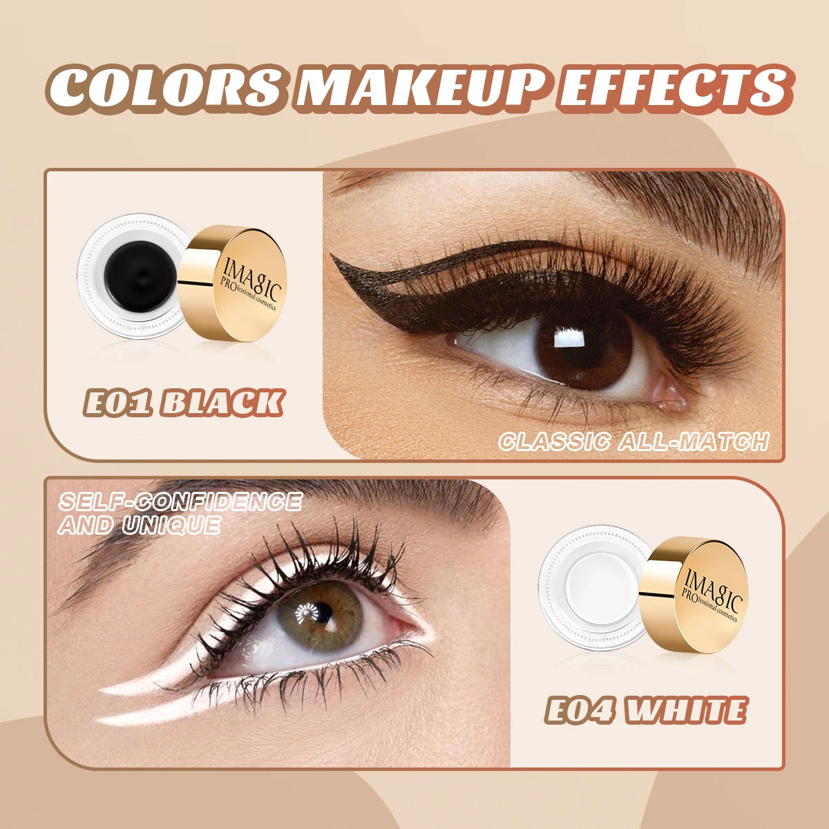 3-Color Professional Black Eyeliner Cream with Brush Not Blooming Waterproof Quick Drying Long Lasting Black/White/Blue