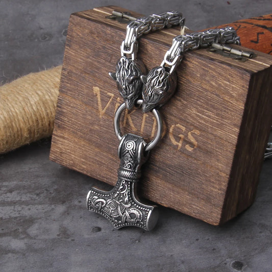 Viking Thor Thor Hammer Pendant Necklace Titanium Steel Wolf Head Chain Necklace Viking Retro Jewelry