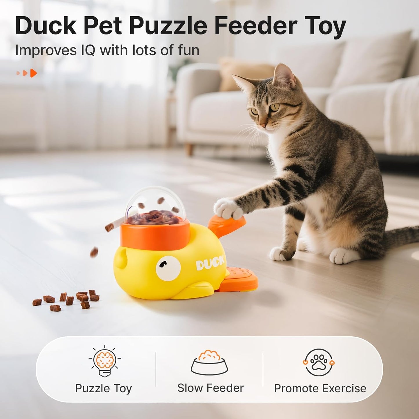 Cat Puzzle Treat Dispenser, Interactive Duck-Shaped Enrichment Toy for Cats and Small Dogs, IQ Training and Exercise 8.6 Inches