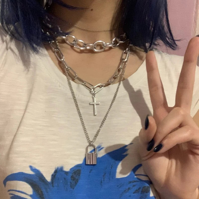 Layered Grunge Aesthetic Jewelry Punk Chain Necklace for Women Men Lock Cross Pendant Choker Chains Goth Accessory