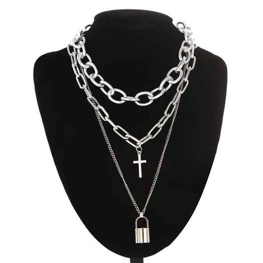 Layered Grunge Aesthetic Jewelry Punk Chain Necklace for Women Men Lock Cross Pendant Choker Chains Goth Accessory