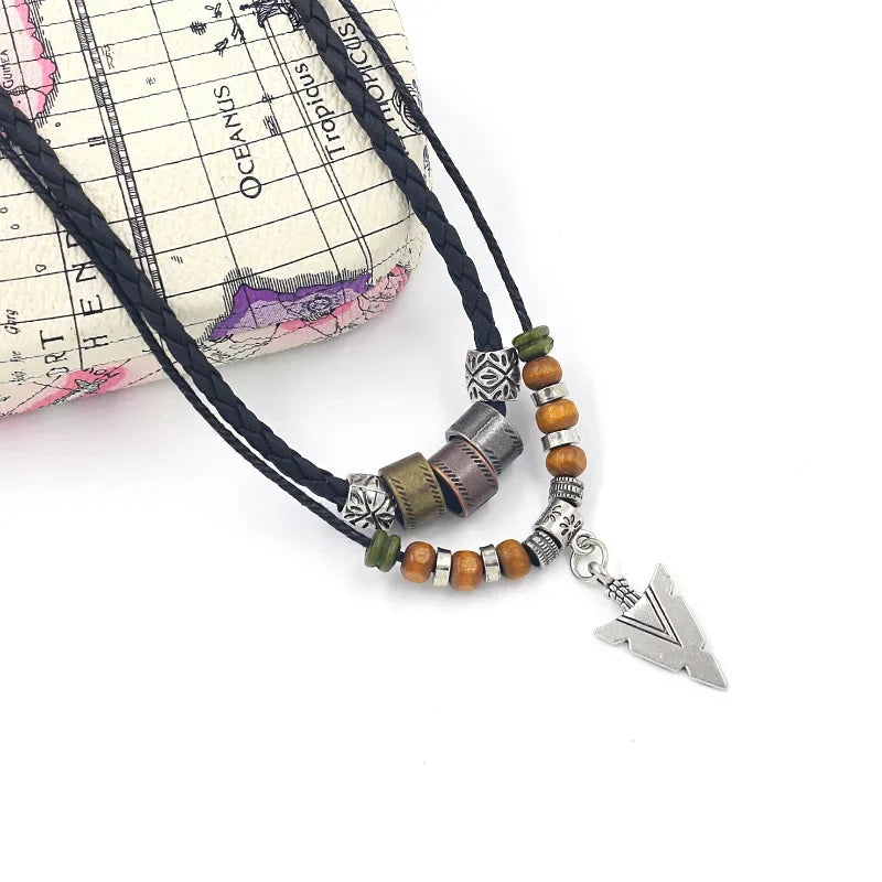 Stacked Artificial Leather Rope Beaded Necklace Men Vintage Layered Tribal Arrow Pendant Necklace for Men Jewelry Collar Hombre