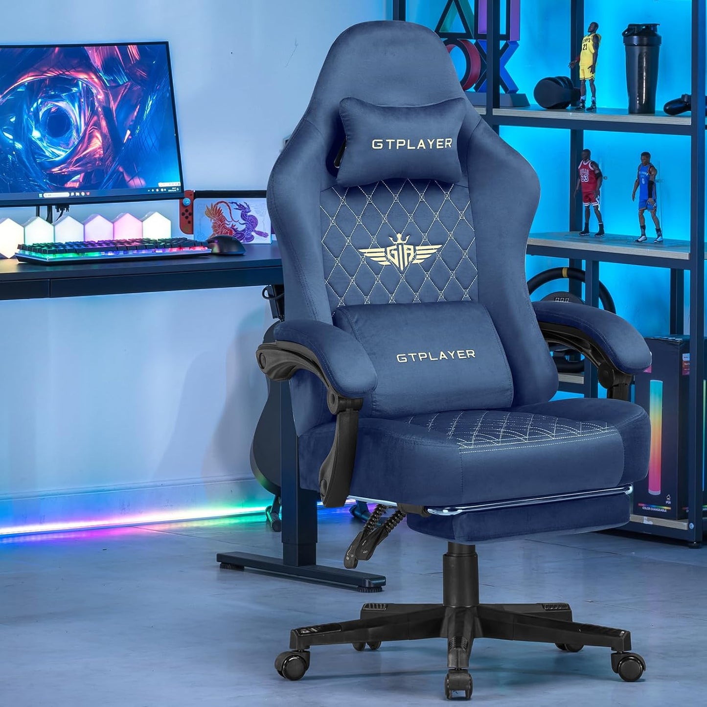 Gaming Chair Fabric with Pocket Spring Cushion, High Back Computer Office Chair with Headrest & Lumbar Support, Ergonomic Video Swivel Game Chair with Footrest for Adults Blue