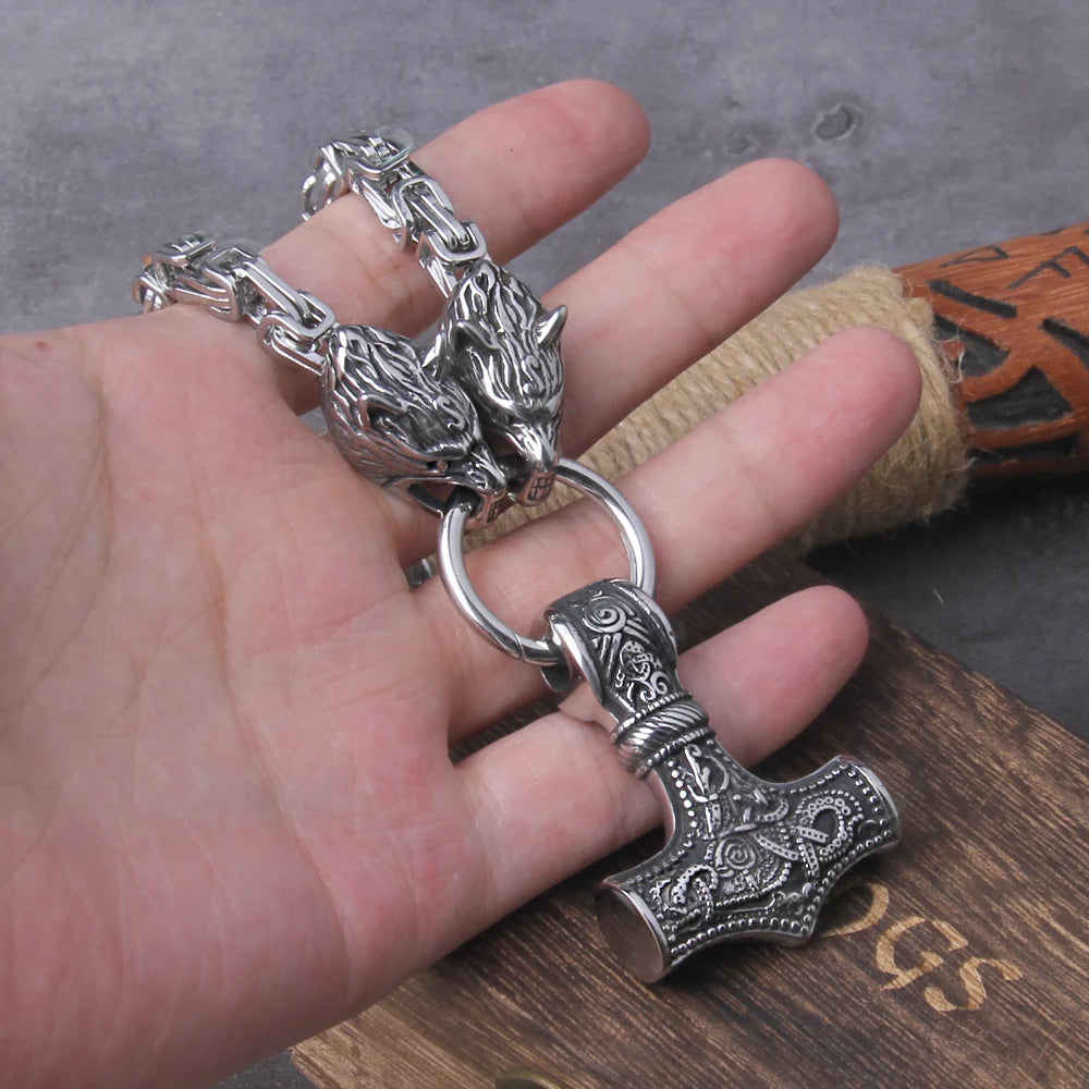 Viking Thor Thor Hammer Pendant Necklace Titanium Steel Wolf Head Chain Necklace Viking Retro Jewelry