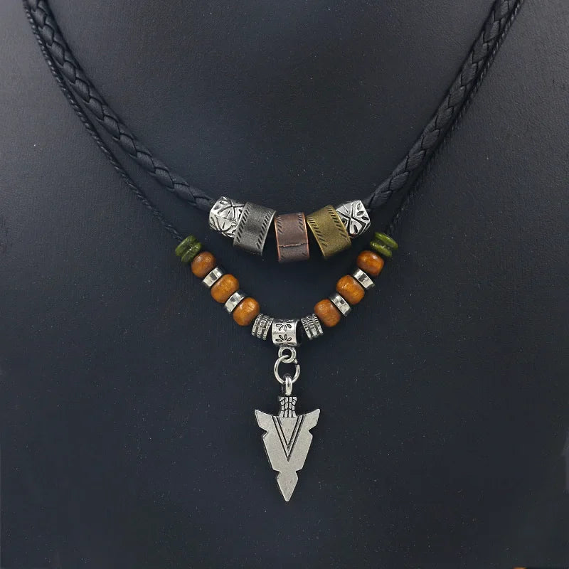 Stacked Artificial Leather Rope Beaded Necklace Men Vintage Layered Tribal Arrow Pendant Necklace for Men Jewelry Collar Hombre