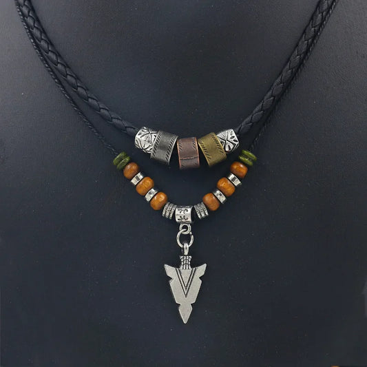 Stacked Artificial Leather Rope Beaded Necklace Men Vintage Layered Tribal Arrow Pendant Necklace for Men Jewelry Collar Hombre