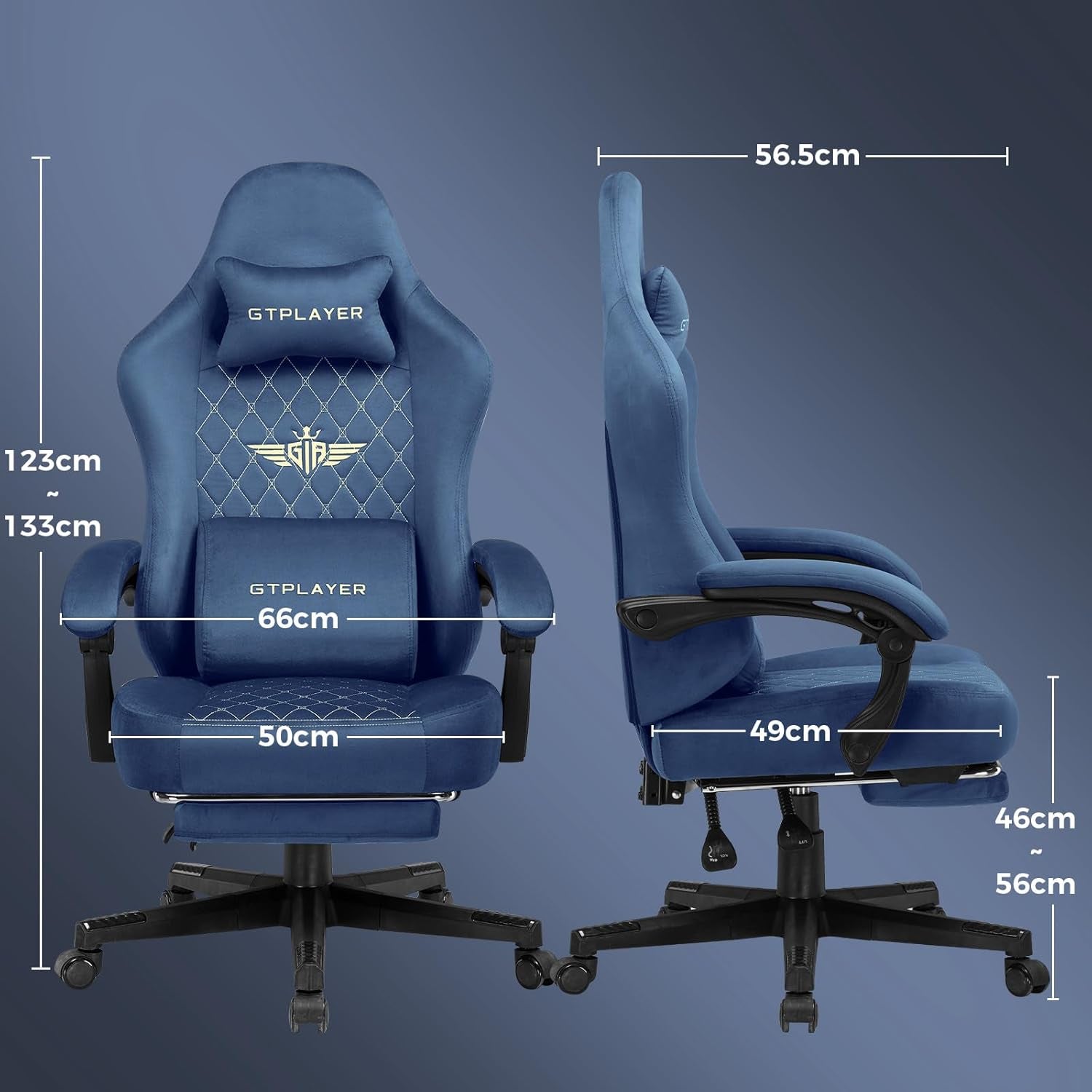 Gaming Chair Fabric with Pocket Spring Cushion, High Back Computer Office Chair with Headrest & Lumbar Support, Ergonomic Video Swivel Game Chair with Footrest for Adults Blue