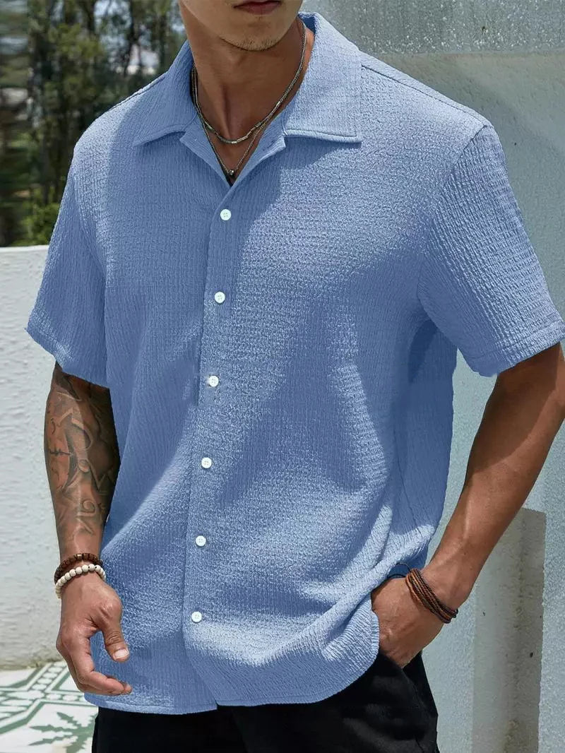New Summer Men'S Shirt - Short Sleeve Solid Color Relaxed Fit Casual Wear
