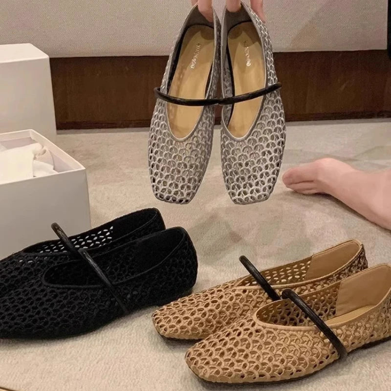 Square Toe Mesh Women Ballet Shoes Flats Sandals Summer 2025 New Designer Casual Loafers Mary Janes Shoes Zapatillas Sandalias