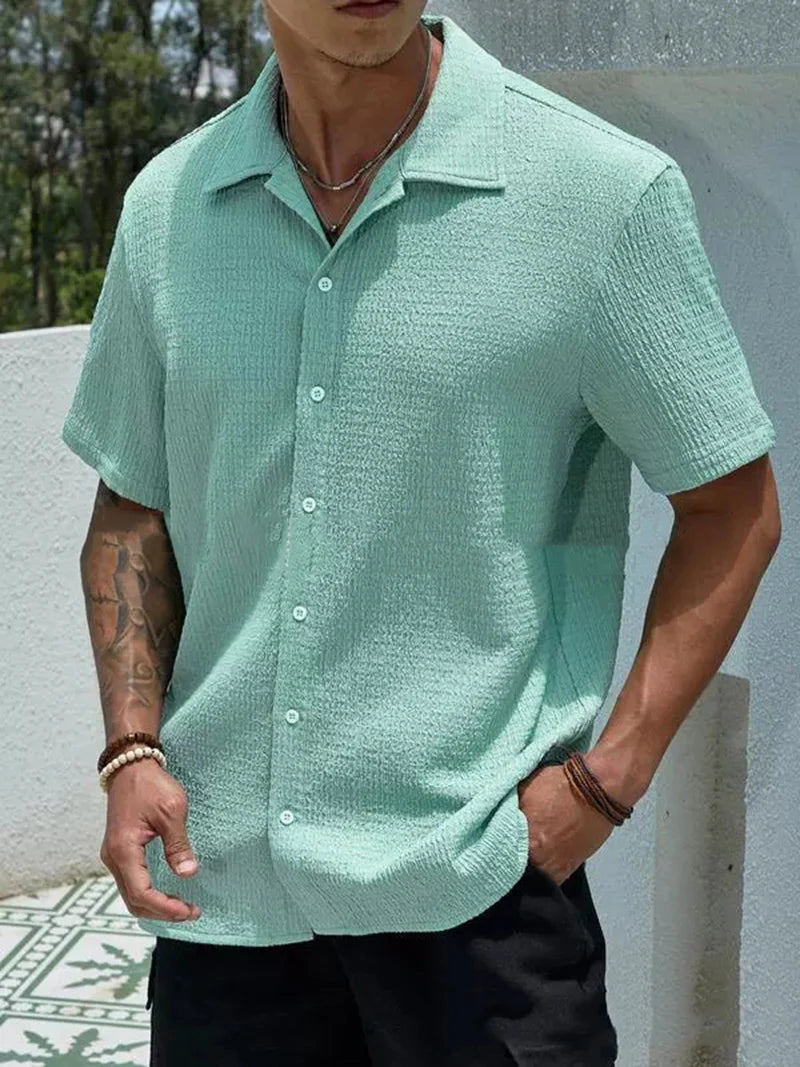 New Summer Men'S Shirt - Short Sleeve Solid Color Relaxed Fit Casual Wear