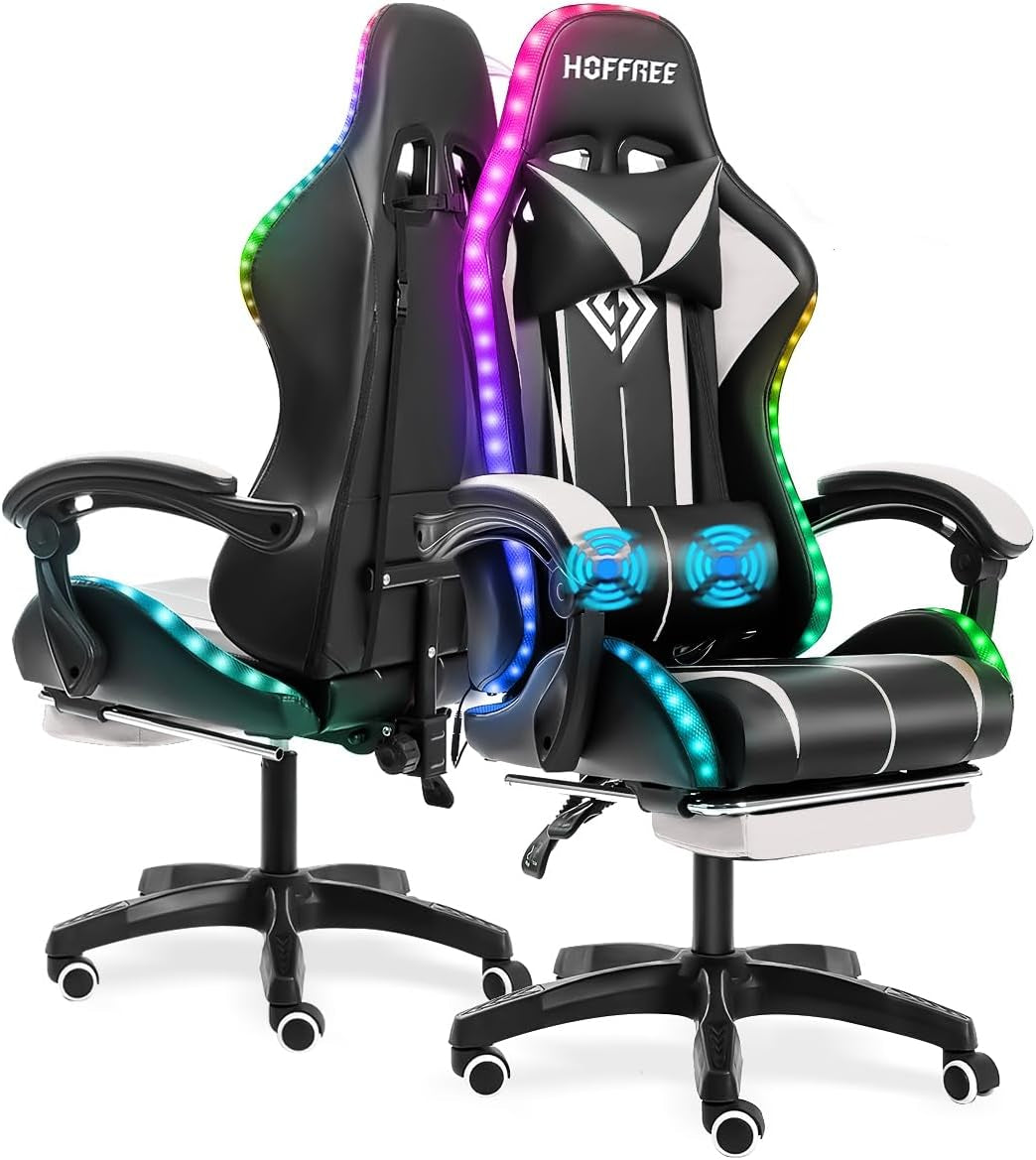 Gaming Chair Massage with LED RGB Lights and Footrest Ergonomic Computer Chair High Back Video Game Chair with Adjustable Lumbar Support Linkage Armrest White and Black