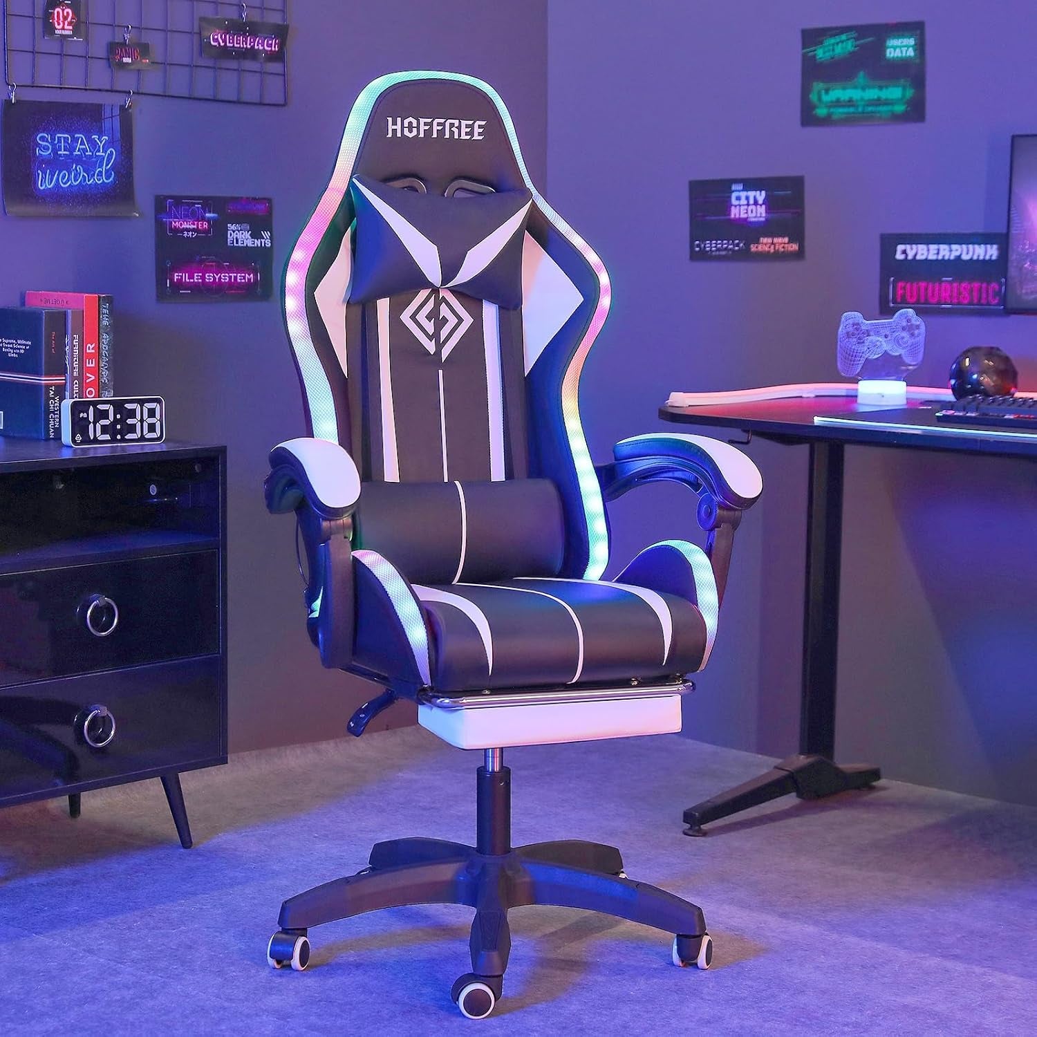 Gaming Chair Massage with LED RGB Lights and Footrest Ergonomic Computer Chair High Back Video Game Chair with Adjustable Lumbar Support Linkage Armrest White and Black