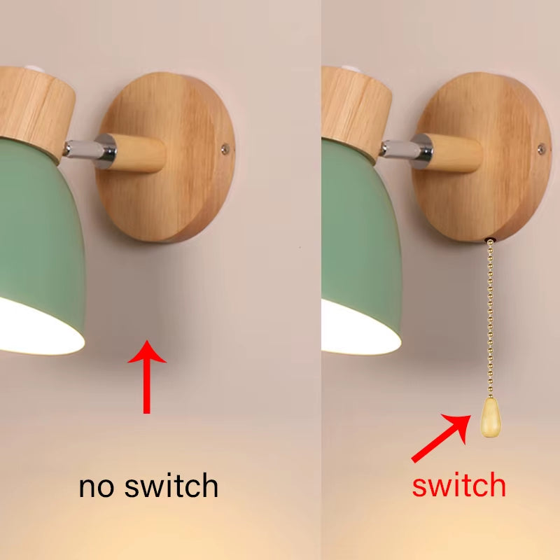 Wooden Nordic Wall Lamp with Switch Modern Wall Sconce for Bedroom Living Room Home Lighting Macaroon 6 Color Steering Head E27