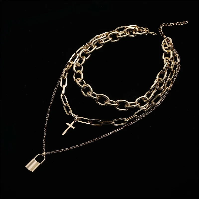 Layered Grunge Aesthetic Jewelry Punk Chain Necklace for Women Men Lock Cross Pendant Choker Chains Goth Accessory