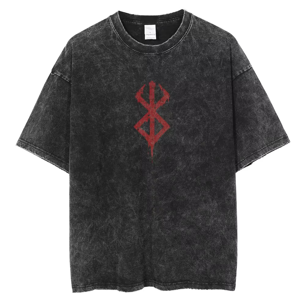 Anime Berserk Logo Graphic Printed T Shirt Men Women Vintage Manga T-Shirts Washed Cotton Tshirt Harajuku Male Oversized Tee
