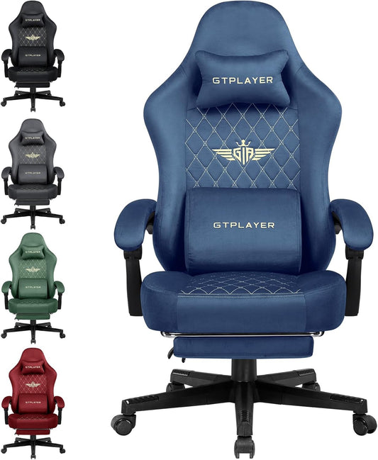 Gaming Chair Fabric with Pocket Spring Cushion, High Back Computer Office Chair with Headrest & Lumbar Support, Ergonomic Video Swivel Game Chair with Footrest for Adults Blue