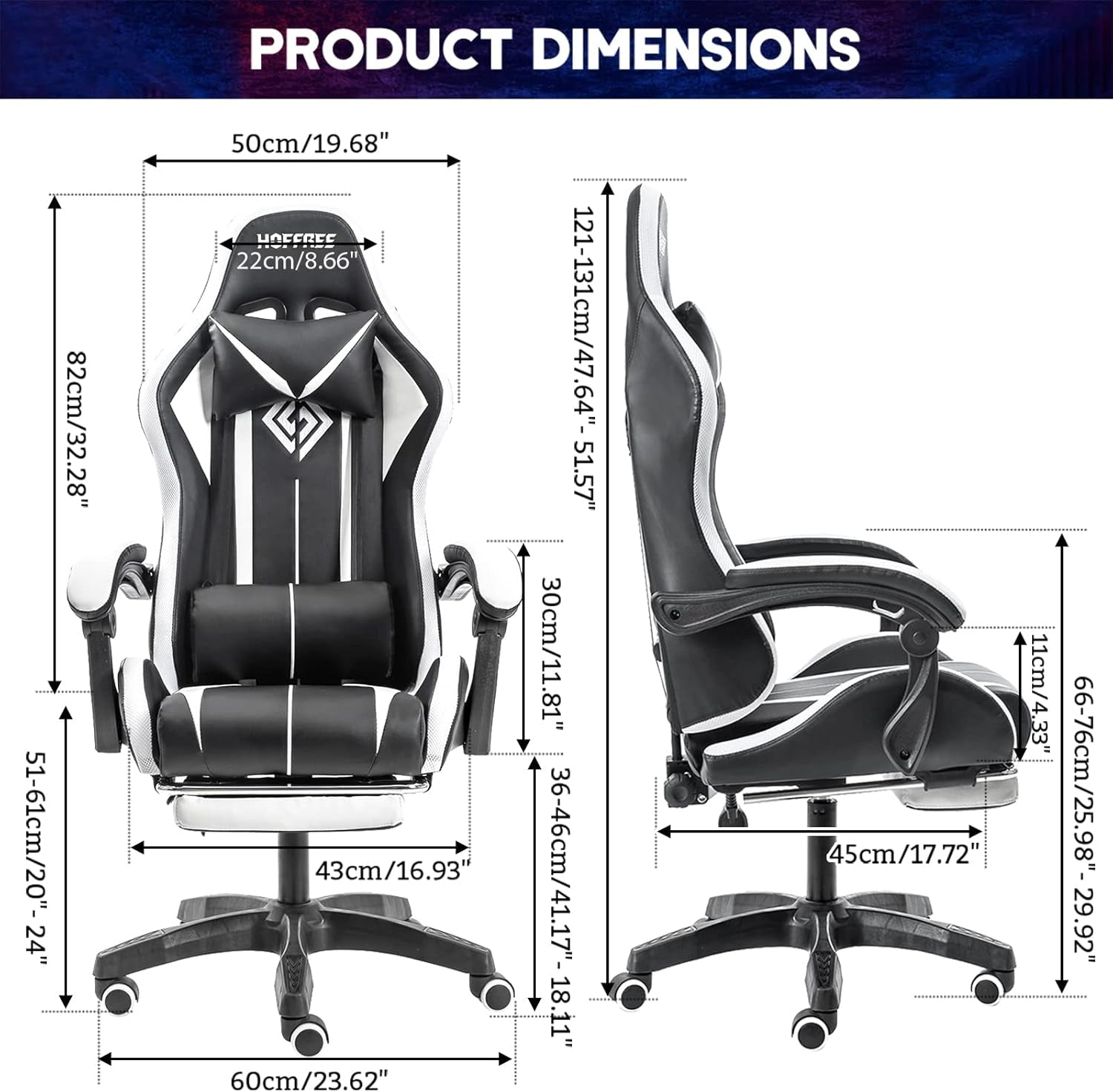 Gaming Chair Massage with LED RGB Lights and Footrest Ergonomic Computer Chair High Back Video Game Chair with Adjustable Lumbar Support Linkage Armrest White and Black
