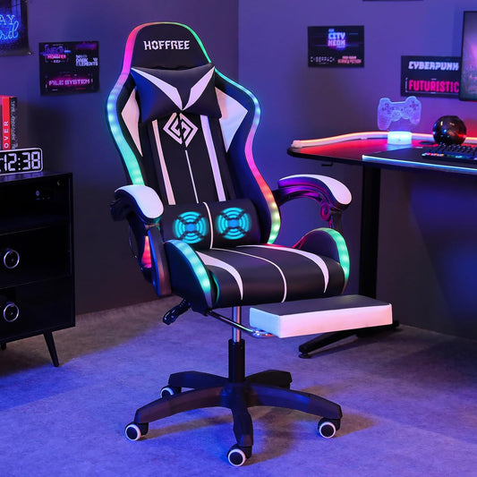 Gaming Chair Massage with LED RGB Lights and Footrest Ergonomic Computer Chair High Back Video Game Chair with Adjustable Lumbar Support Linkage Armrest White and Black