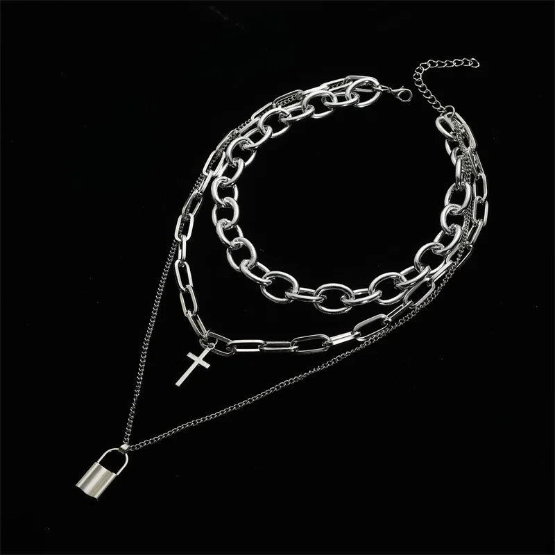 Layered Grunge Aesthetic Jewelry Punk Chain Necklace for Women Men Lock Cross Pendant Choker Chains Goth Accessory