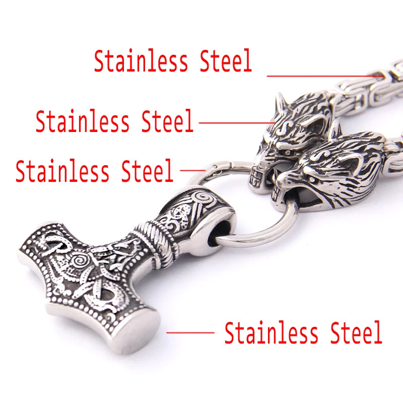 Viking Thor Thor Hammer Pendant Necklace Titanium Steel Wolf Head Chain Necklace Viking Retro Jewelry