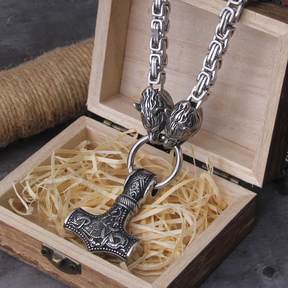 Viking Thor Thor Hammer Pendant Necklace Titanium Steel Wolf Head Chain Necklace Viking Retro Jewelry