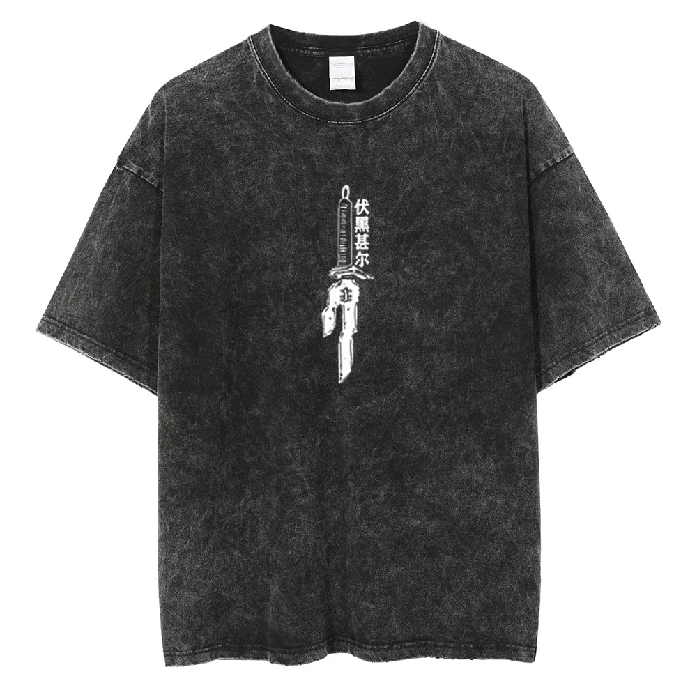 Anime Berserk Logo Graphic Printed T Shirt Men Women Vintage Manga T-Shirts Washed Cotton Tshirt Harajuku Male Oversized Tee