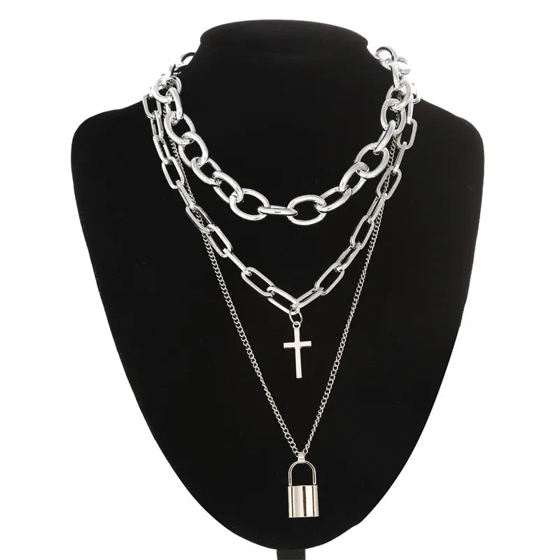 Layered Grunge Aesthetic Jewelry Punk Chain Necklace for Women Men Lock Cross Pendant Choker Chains Goth Accessory