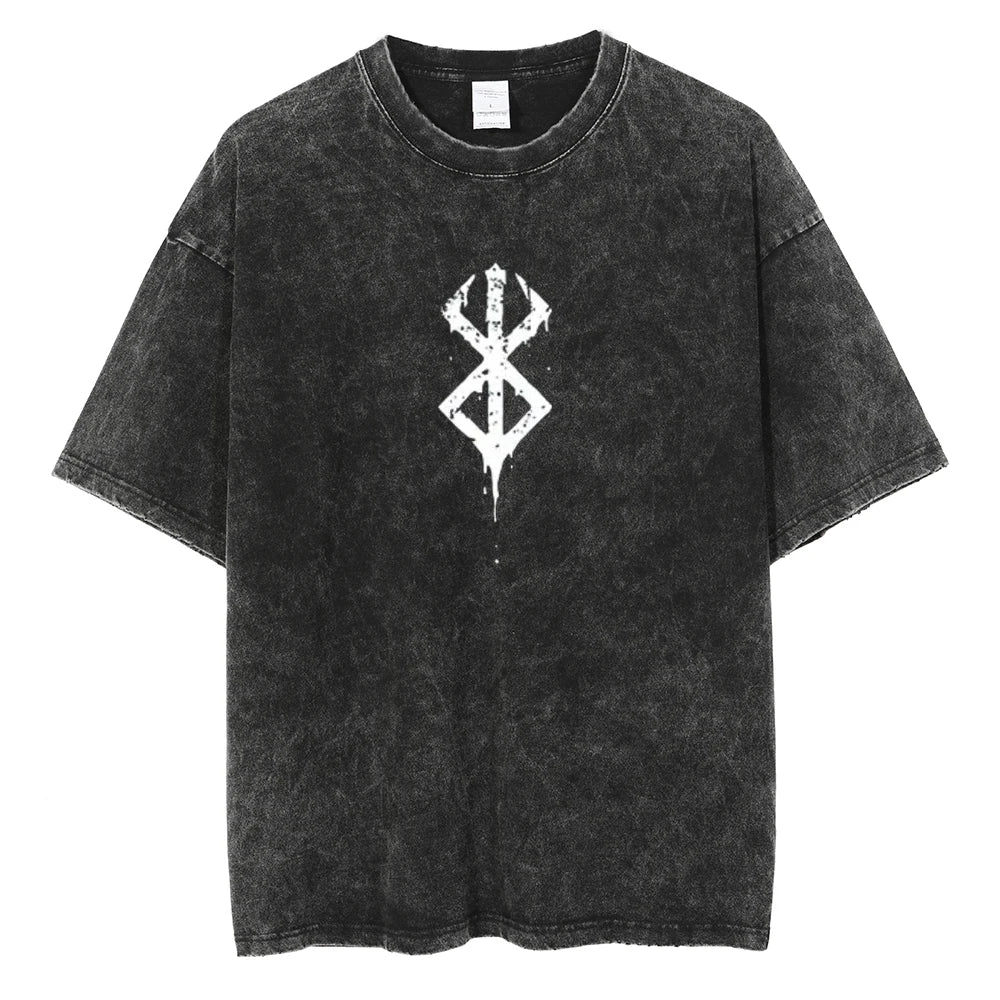 Anime Berserk Logo Graphic Printed T Shirt Men Women Vintage Manga T-Shirts Washed Cotton Tshirt Harajuku Male Oversized Tee