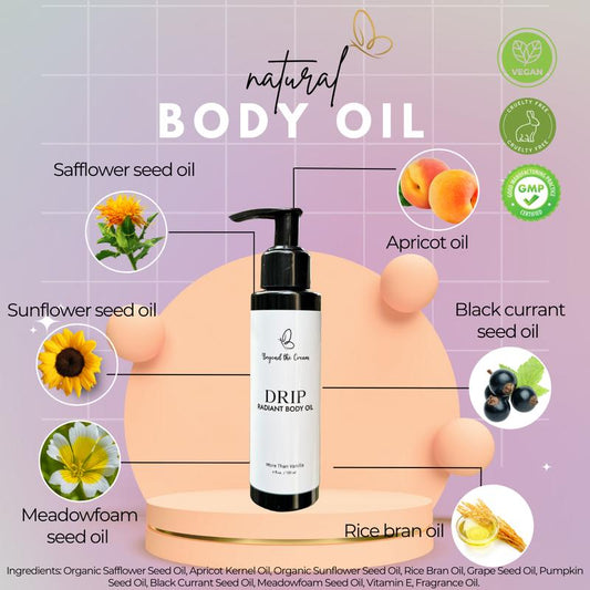 [Beyond the Cream Official] Drip Radiant Body Oil - Hydrates and Brightens Uneven Skin Tone with Nourishing Oils & Vitamin C. Lightweight & Non-Greasy. Vegan, Plant-Based & Cruelty-Free. Made in USA.
